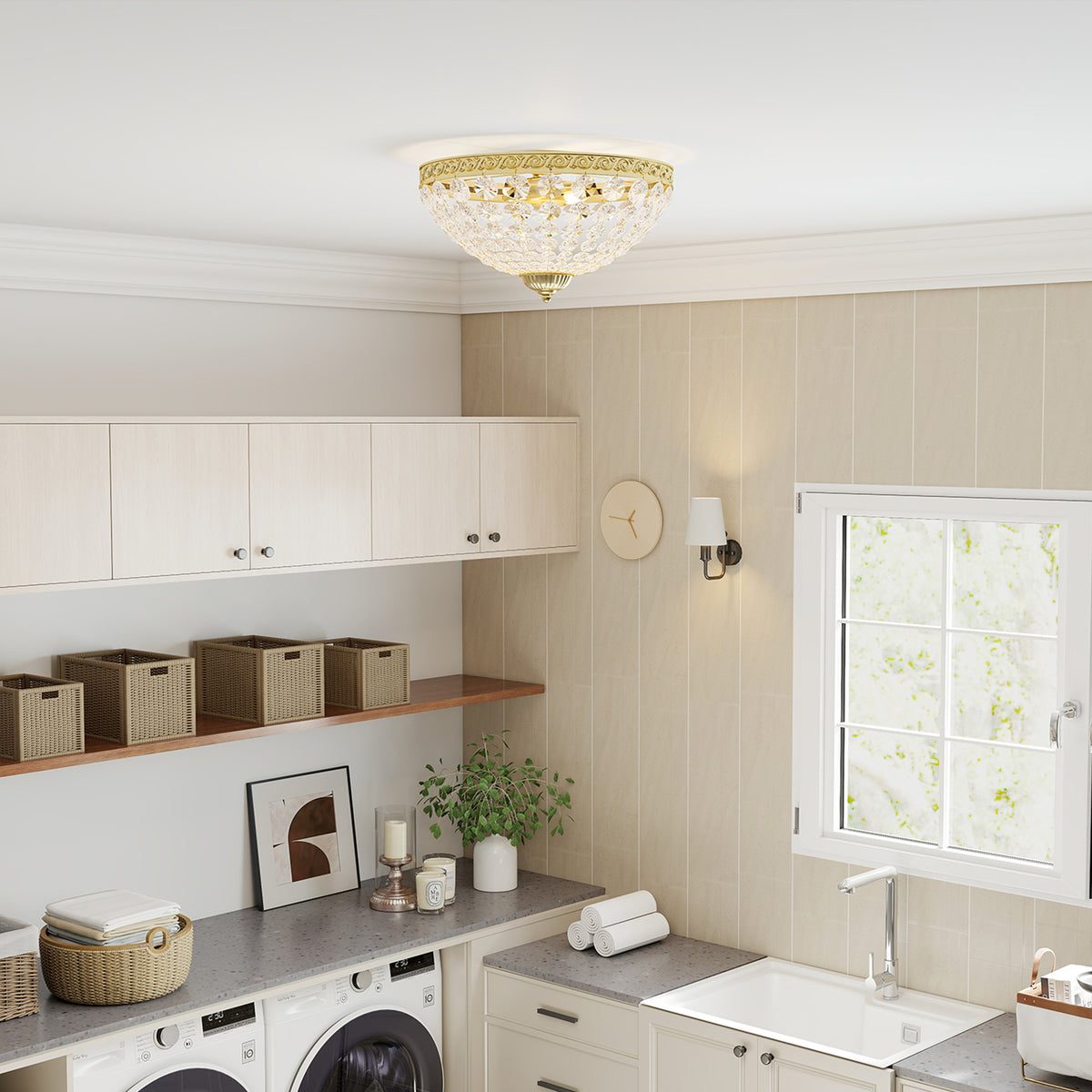 Crystal Chandelier Ceiling Light with 168 Octagonal Beads, Vintage 2-Light Flush Mount Ceiling Light for Living Room, Bedroom, Hallway, Dining Room, Gold Tone