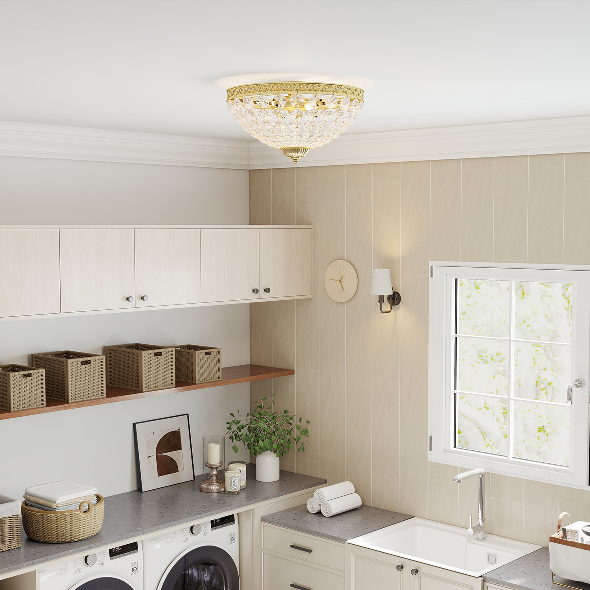Crystal Chandelier Ceiling Light with 168 Octagonal Beads, Vintage 2-Light Flush Mount Ceiling Light for Living Room, Bedroom, Hallway, Dining Room, Gold Tone