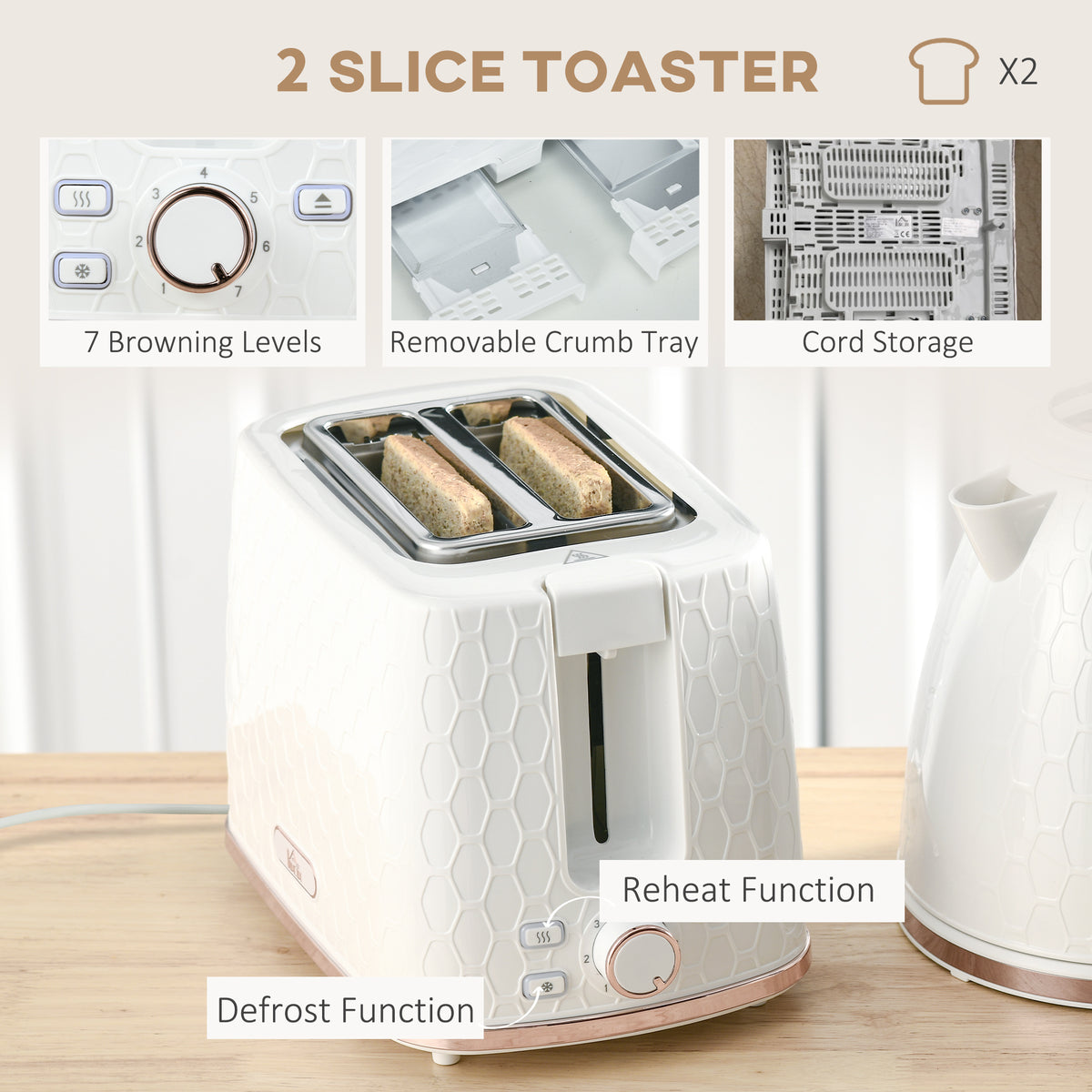 1.7L 3000W Fast Boil Kettle & 2 Slice Toaster Set, Kettle and Toaster Set with Auto Shut Off, Browning Controls, White