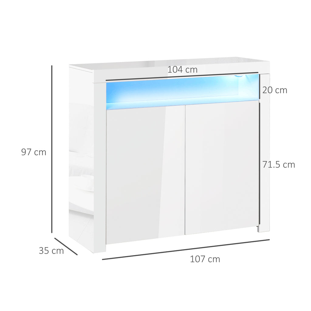 HOMCOM 2-Door Sideboard with LED Light, High Gloss Lighted Storage Cabinet with Shelves and Open Compartment, Modern Kitchen Sideboard for Dining Room, Living Room, 107 x 35 x 97cm, White