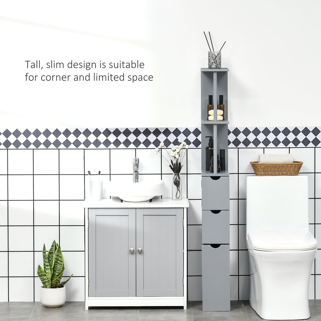 HOMCOM Tall Bathroom Cabinet, Freestanding Slim Bathroom Storage Cabinet with 2-Tier Open Shelf and 2 Drawers for Small Space, Narrow Cupboard Storage Unit, Grey