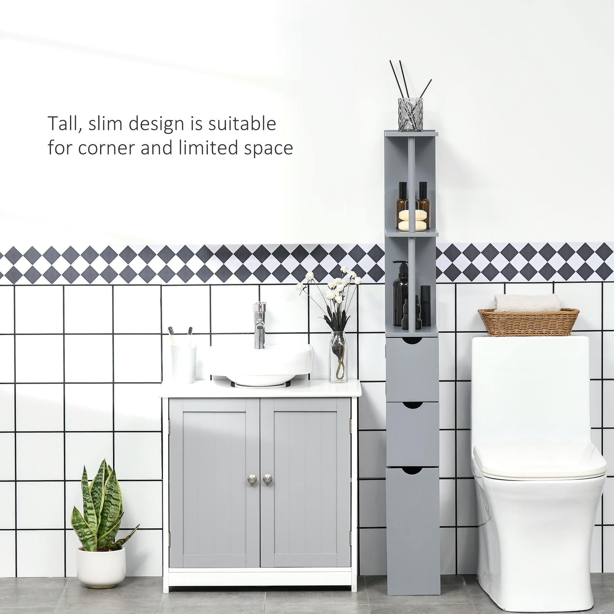 HOMCOM Tall Bathroom Cabinet, Freestanding Slim Bathroom Storage Cabinet with 2-Tier Open Shelf and 2 Drawers for Small Space, Narrow Cupboard Storage Unit, Grey