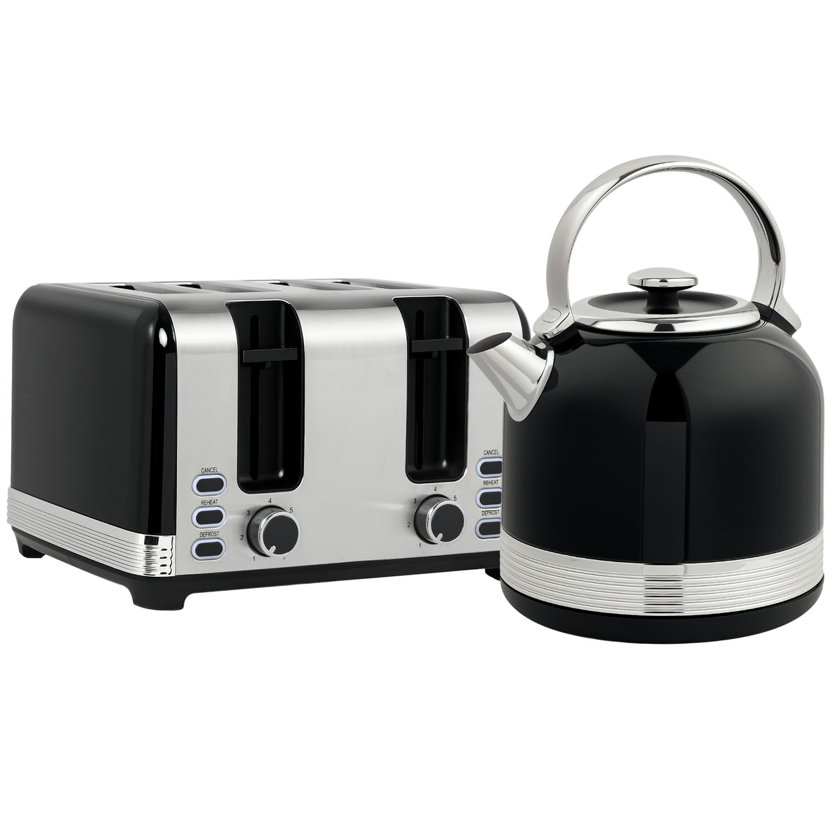 Polished Stainless Steel Kettle and Toaster Set - Black