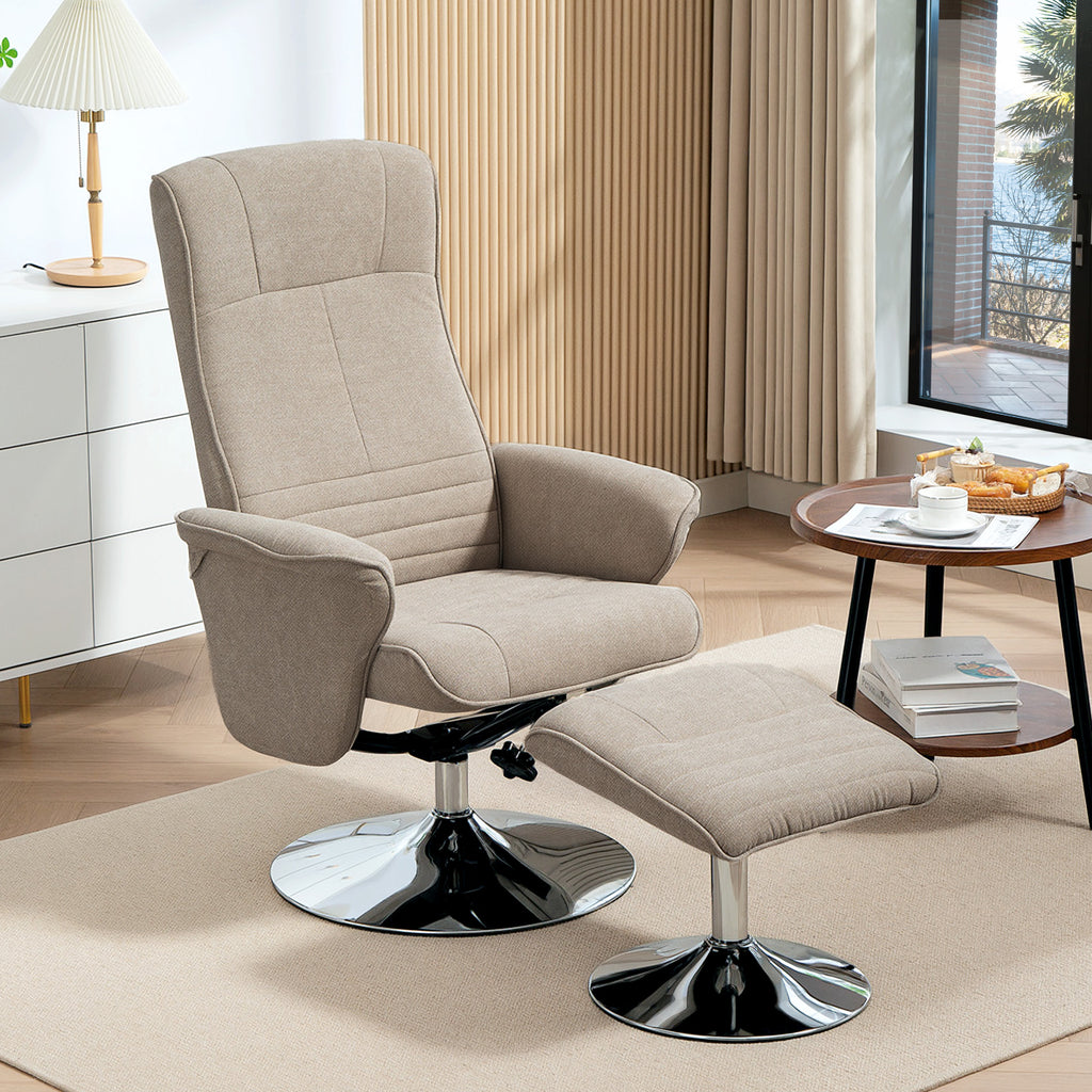 HOMCOM Swivel Recliner Chair with Footstool, Velvet Recliner Armchair with Ottoman, Steel Base, Upholstered Reclining Chair for Living Room, Bedroom, Office, Beige