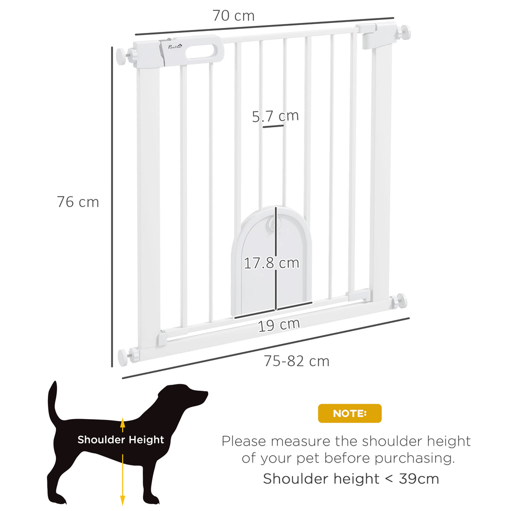 PawHut 75-82cm Pet Safety Gate, Pressure Fit Stair, with Cat Flap, Double Locking, White