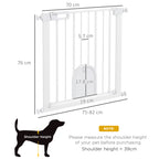 PawHut 75-82cm Pet Safety Gate, Pressure Fit Stair, with Cat Flap, Double Locking, White