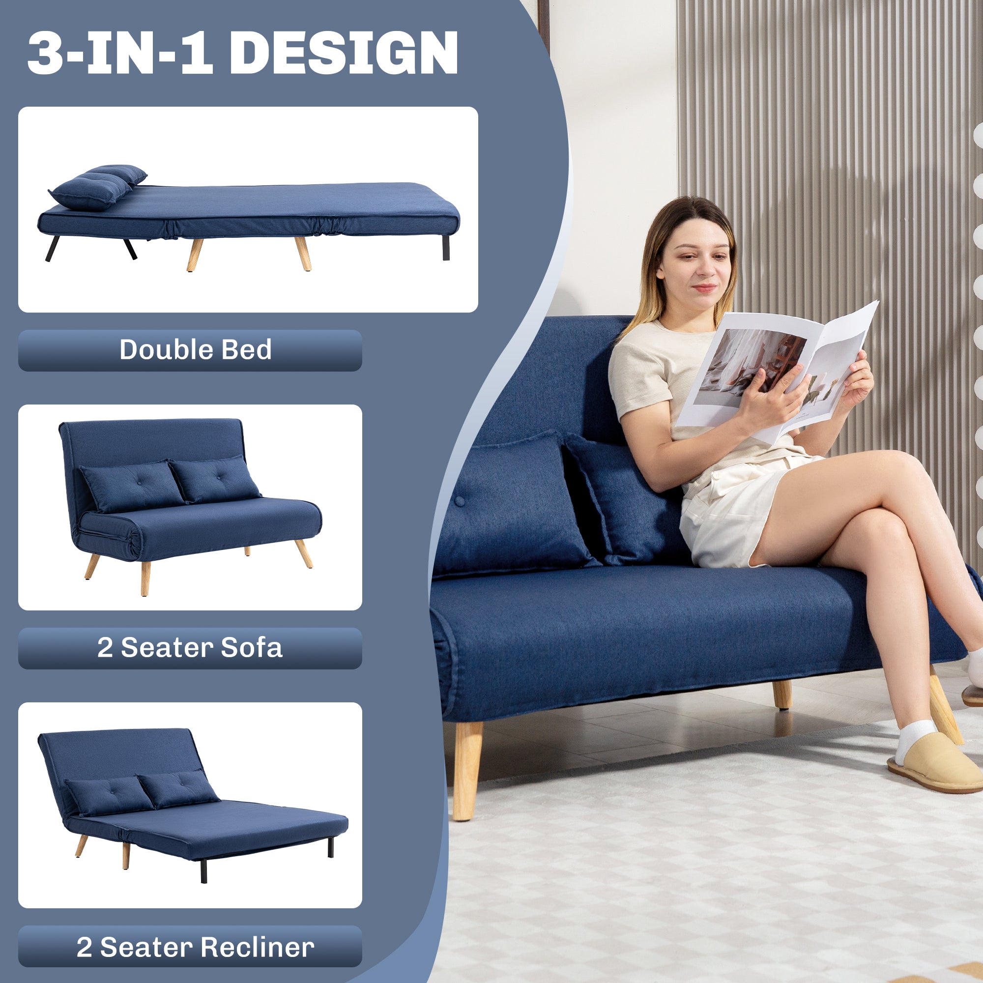 HOMCOM Two-Seater Linen-Look Sofa Bed - Dark Blue