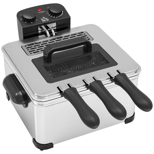 5 Litre Deep Fat Fryer Stainless Steel with Adjustable Temperature, 60min Timer, Removable Oil Basket, Viewing Window and Safety Cut Out, 2000W
