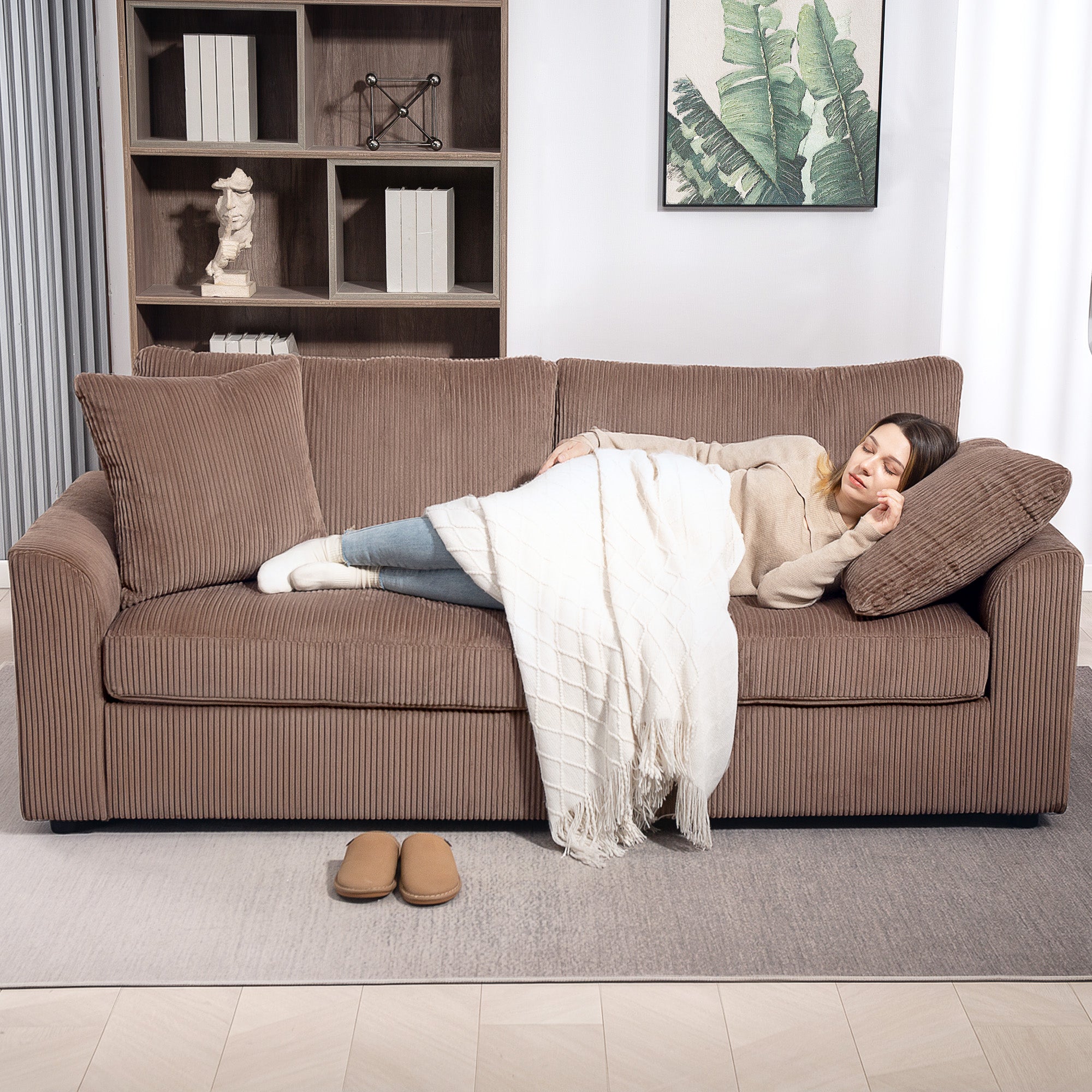 HOMCOM Modern 3 Seater Sofa with Spring Cushion, 212 cm Fabric Jumbo Cord Sofa Couch with 2 Scatter Cushions, Upholstered Corduroy Settee for Living Room, Bedroom, Home Office, Coffee