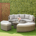 Outsunny 5 Pieces Outdoor PE Rattan Round Garden Daybed with Cushions, Aluminium Lounge Chair Conversation Sofa Set with Liftable Coffee Table and Protect Cover, Grey