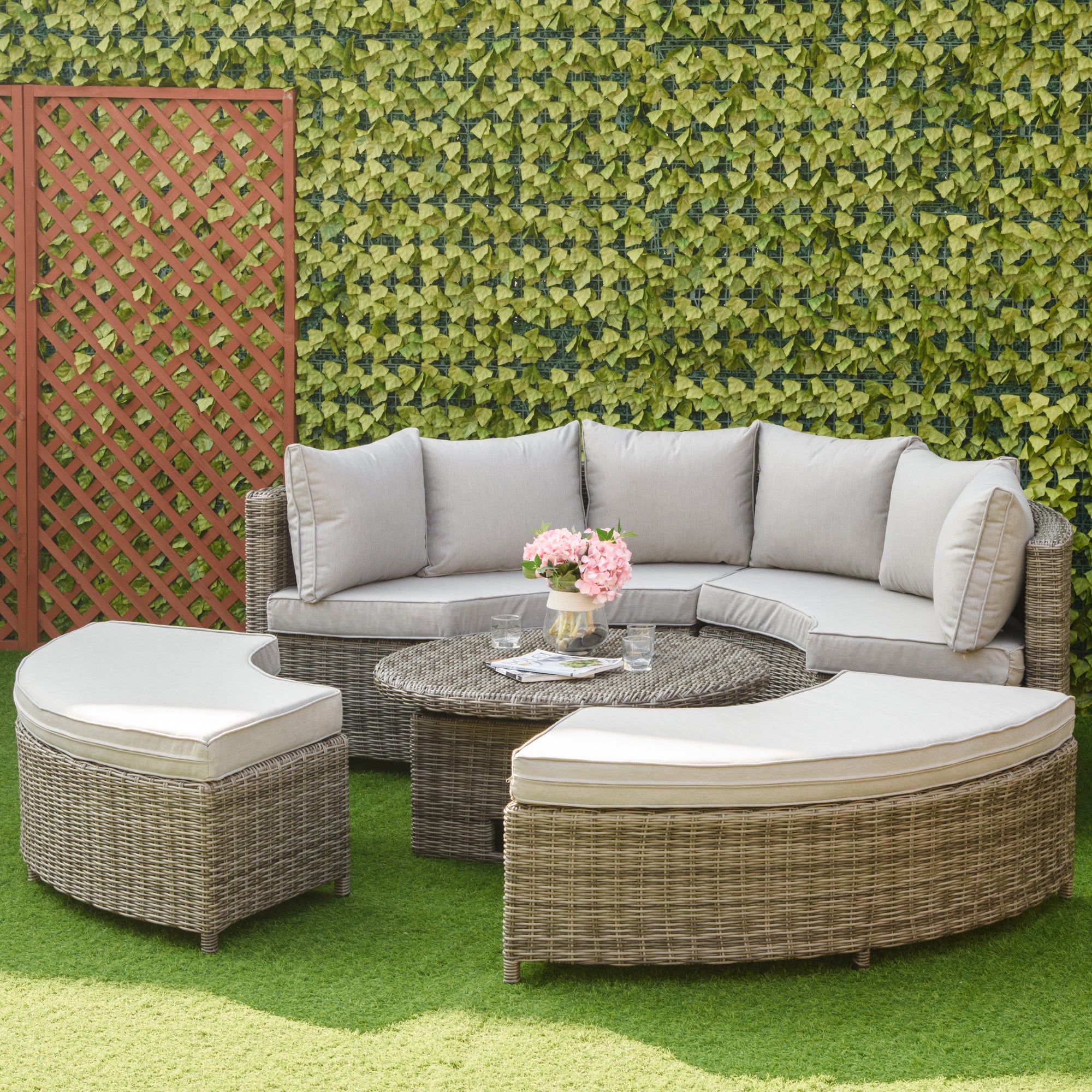 Outsunny 5 Pieces Outdoor PE Rattan Round Garden Daybed with Cushions, Aluminium Lounge Chair Conversation Sofa Set with Liftable Coffee Table and Protect Cover, Grey