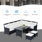 Outsunny 8-Seater Garden Rattan Furniture Rattan Corner Dining Sofa Set Wicker Conservatory Furniture Lawn Patio Coffee Table Foot Stool w/Cushion-Black