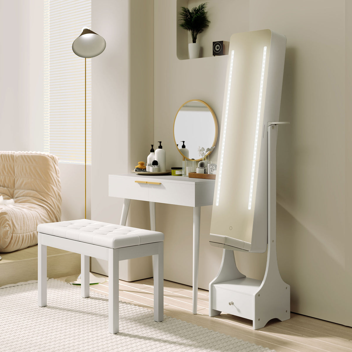 Elegant Dressing Table, with Round Mirror, 80 x 40 x 123 cm - White