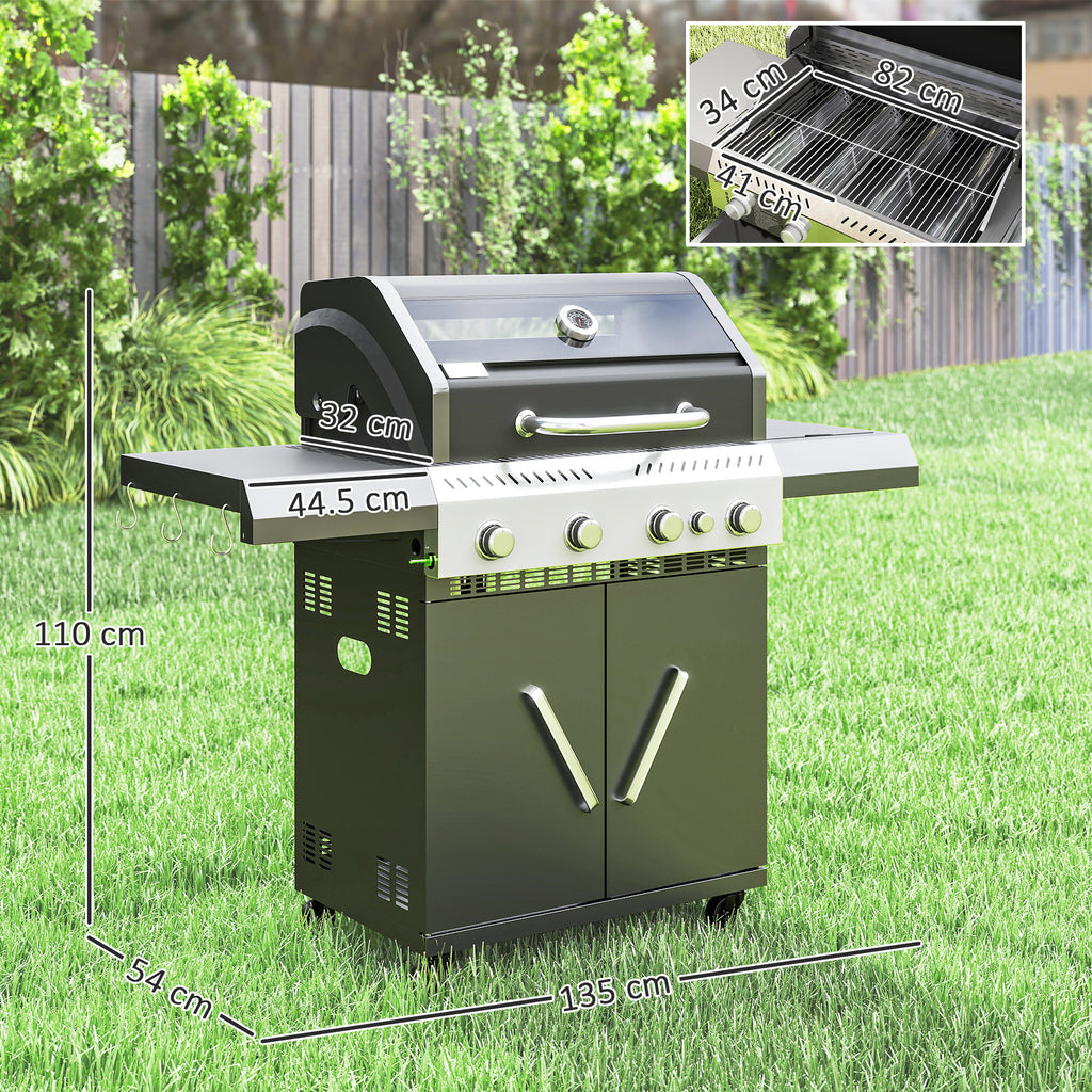 Outsunny 4+1 Burner Gas BBQ Grill with Clear View Lid, Portable Gas Barbecue Grill with Built-in Thermometer, Side Table, Cabinet, Wheels, Grease Tray for Garden Party Outdoor Cooking, Black