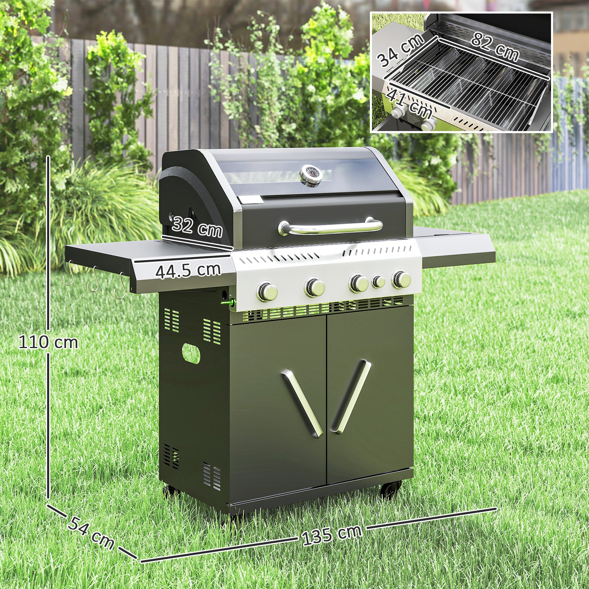 Outsunny 4+1 Burner Gas BBQ Grill with Clear View Lid, Portable Gas Barbecue Grill with Built-in Thermometer, Side Table, Cabinet, Wheels, Grease Tray for Garden Party Outdoor Cooking, Black