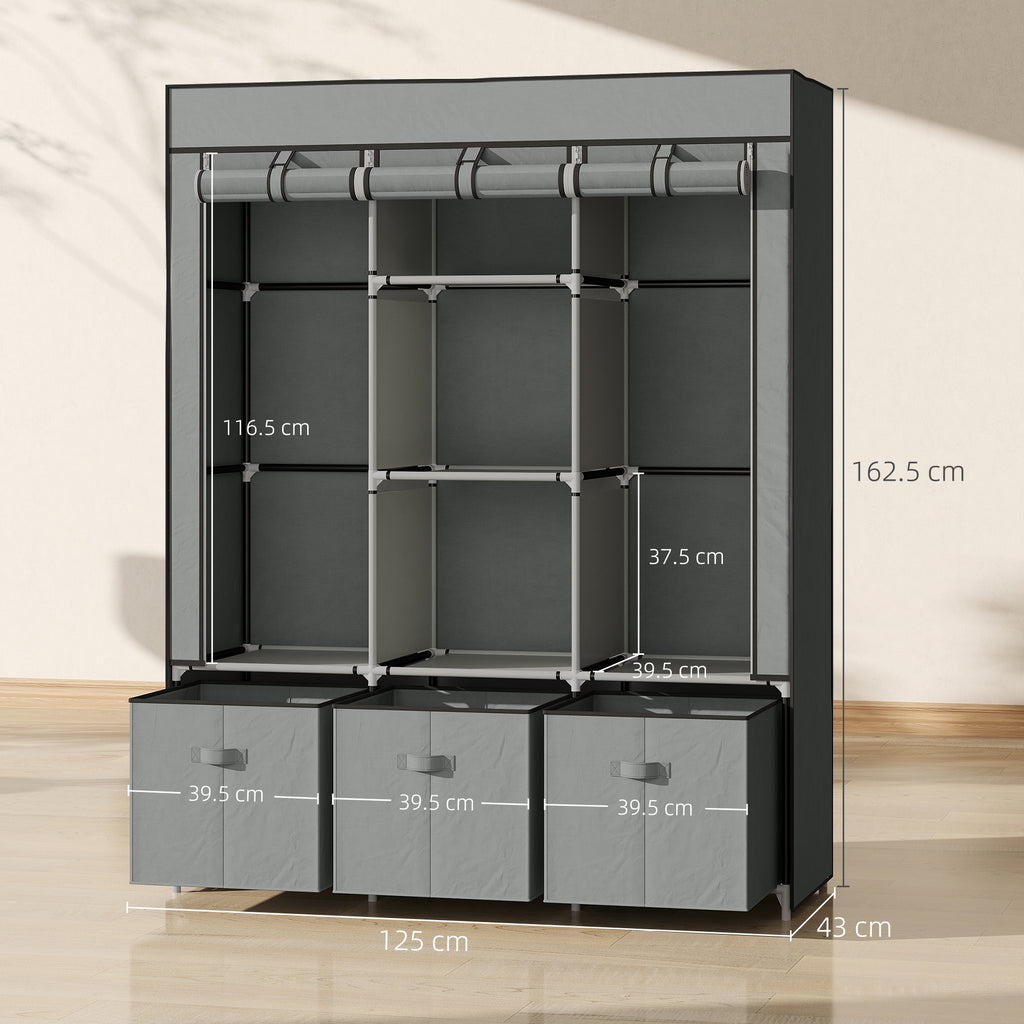 Foldable Fabric Wardrobe for Bedroom, Portable Wardrobe with 5 Shelves, 2 Hanging Rails and 3 Fabric Drawers, Light Grey