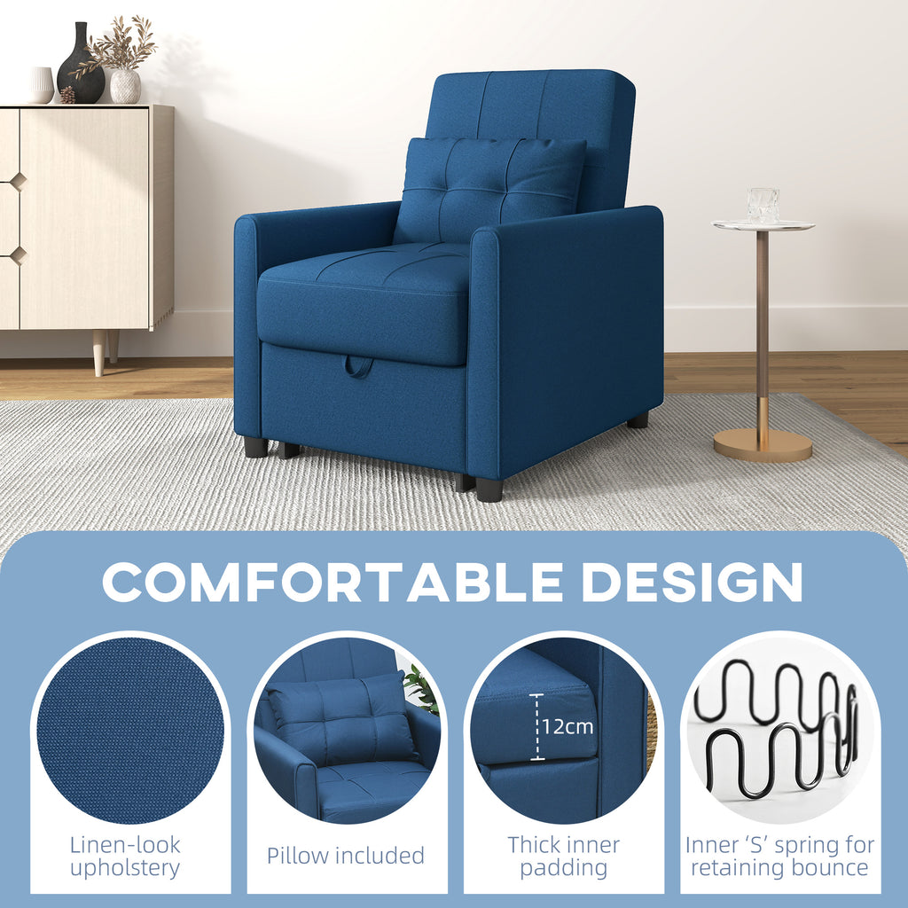 HOMCOM Linen-Look Single Chair Bed with Thick Padding - Blue