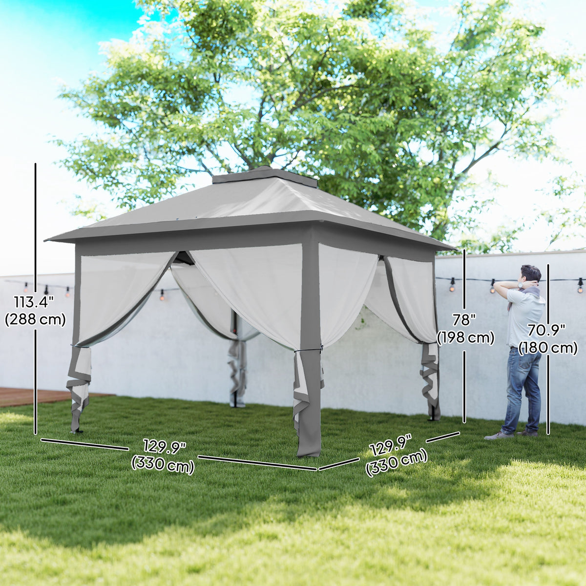 Outsunny 3.3 x 3.3m Pop Up Gazebo, Double Roof Foldable Canopy Tent with Zipped Mesh Sidewalls, Height Adjustable and Carrying Bag, Event Tent for Patio Garden, Grey
