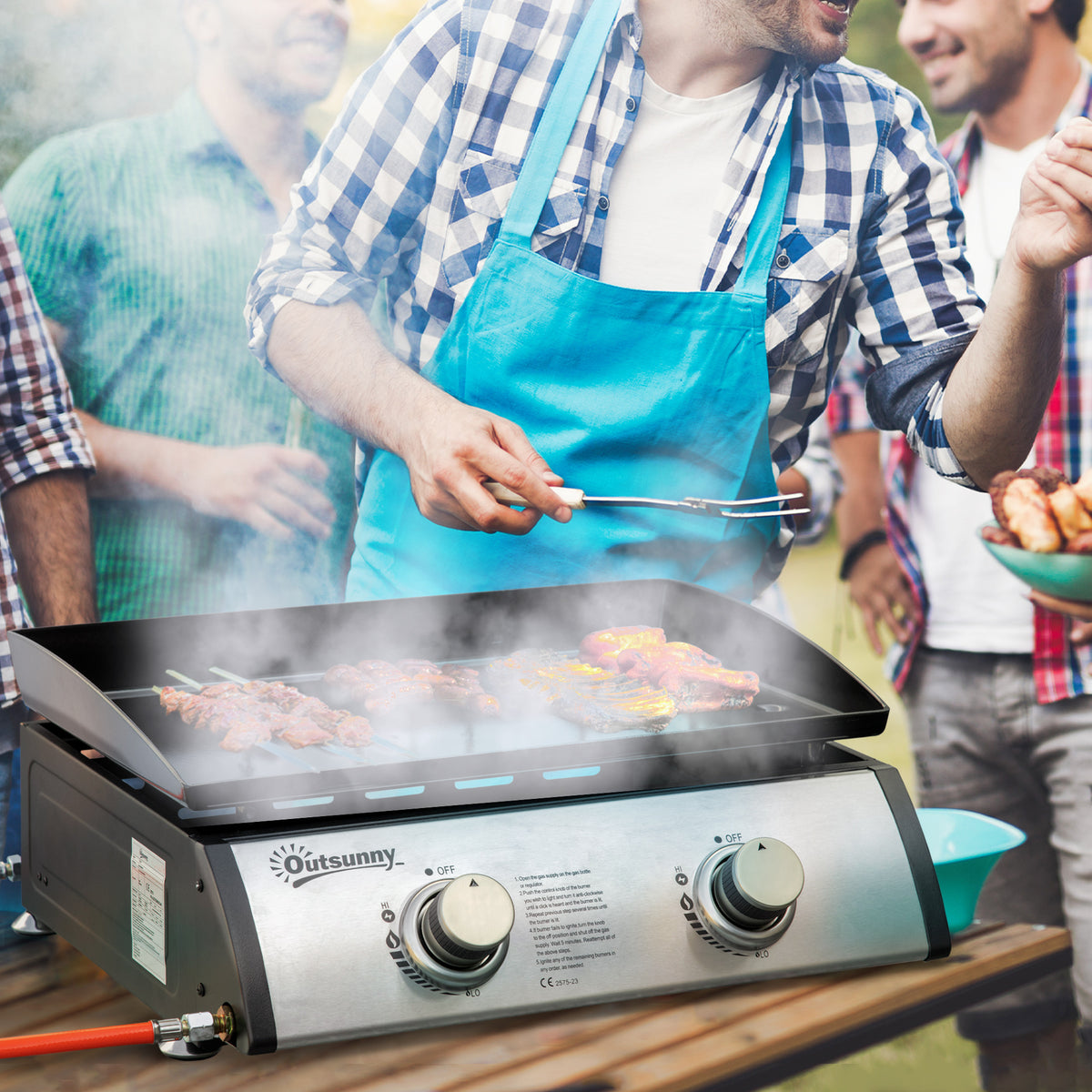 Outsunny Gas Plancha Barbecue Grill with 2 Stainless Steel Burner, 5kW, Portable Tabletop Gas BBQ with Non-Stick Griddle for Camping Picnic Garden Party Festival