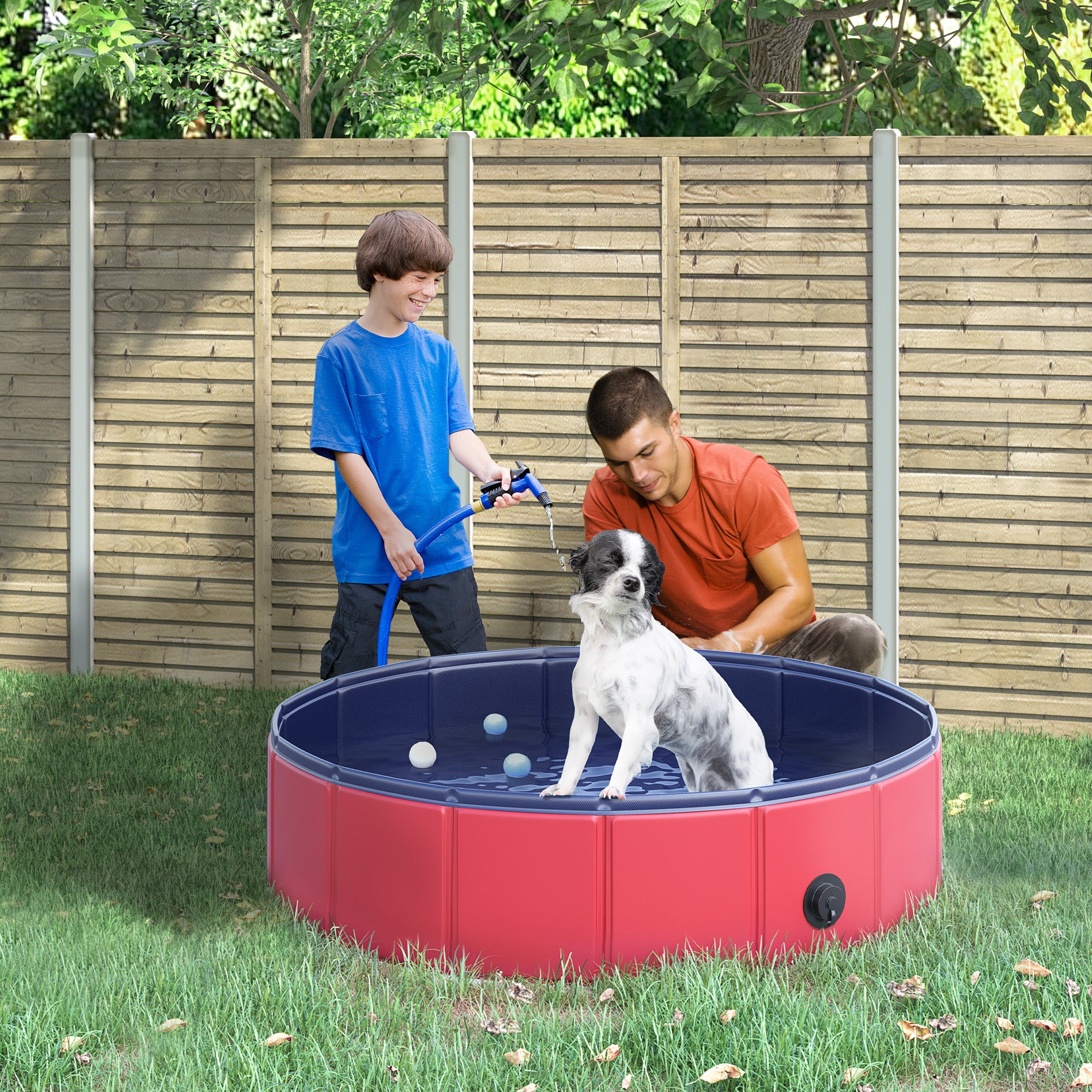 PawHut Foldable Dog Pool for Puppies and Ducks, Thickened PVC Dog Paddling Pool Bath Tub Hard Board, Anti-Slip Bottom and Drainage Hole, 80 x 20cm, Red and Blue