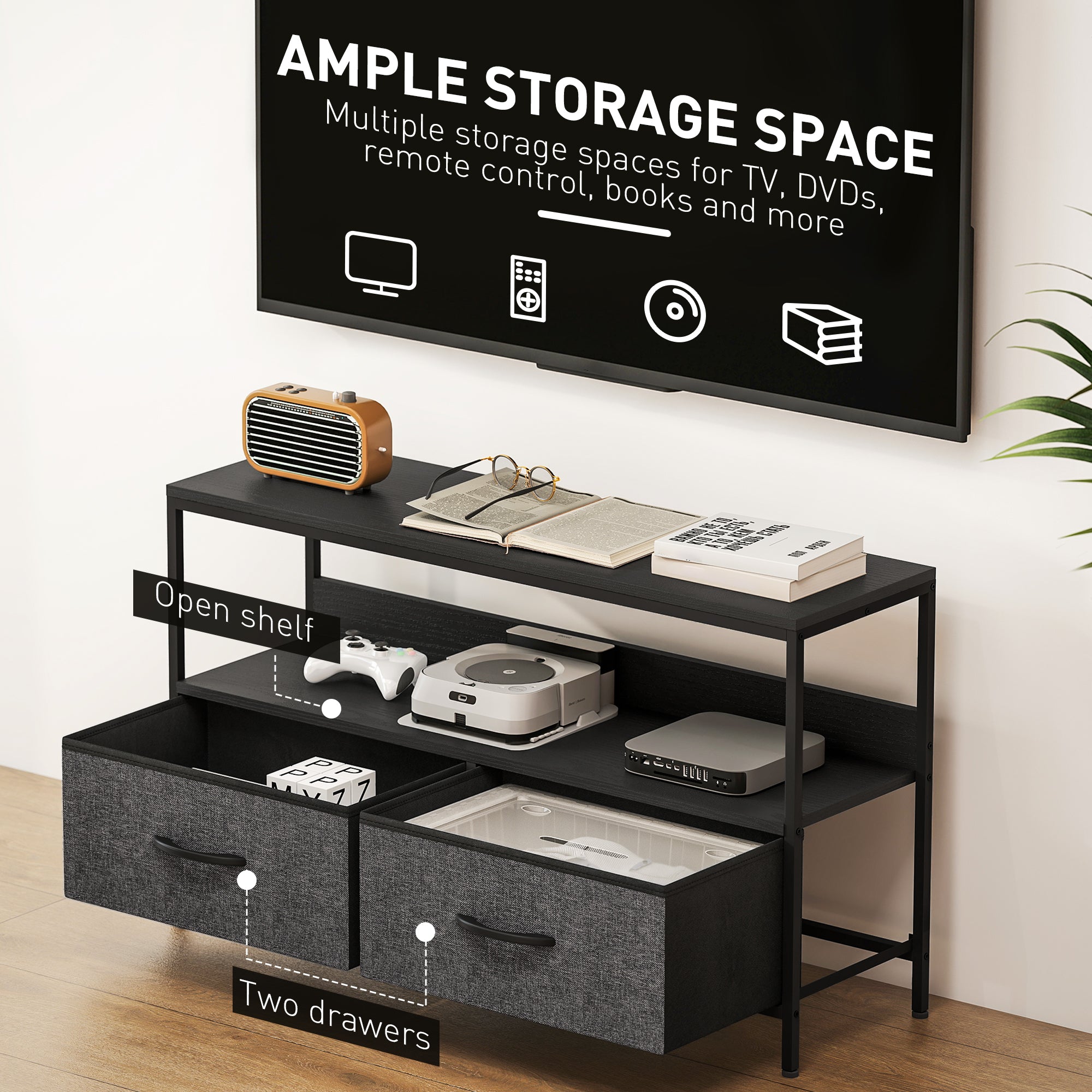 TV Stand Cabinet with 2 Foldable Drawers - Black