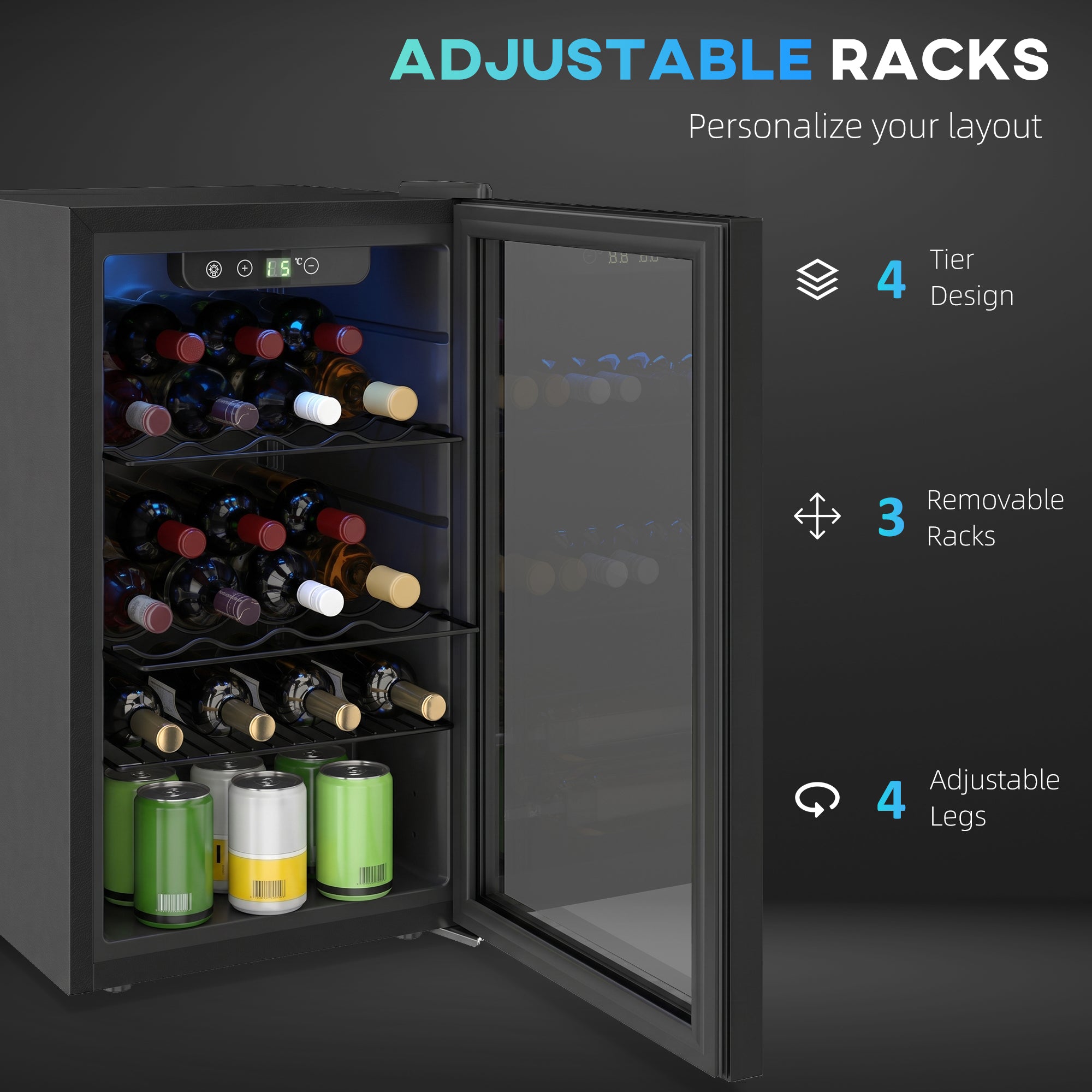 24 Bottle Wine Cooler, 68 Litre Capacity, 4-16°C Freestanding Drinks Wine Fridge with Glass Door, Black