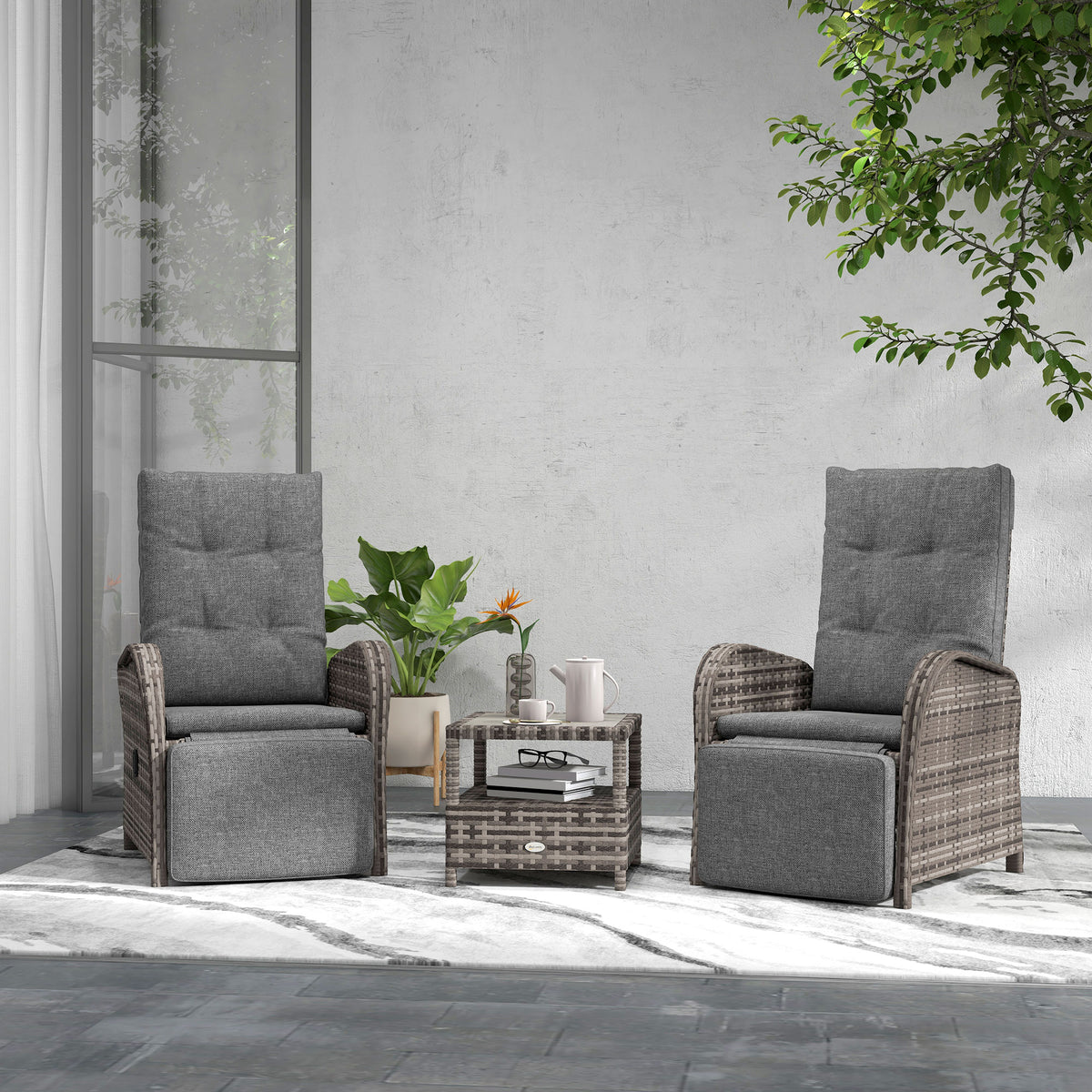 Outsunny 2 Seater Patio Rattan No Installation Chaise Lounge Sofa Set with Premium Fabric Cushion, Grey and Brown