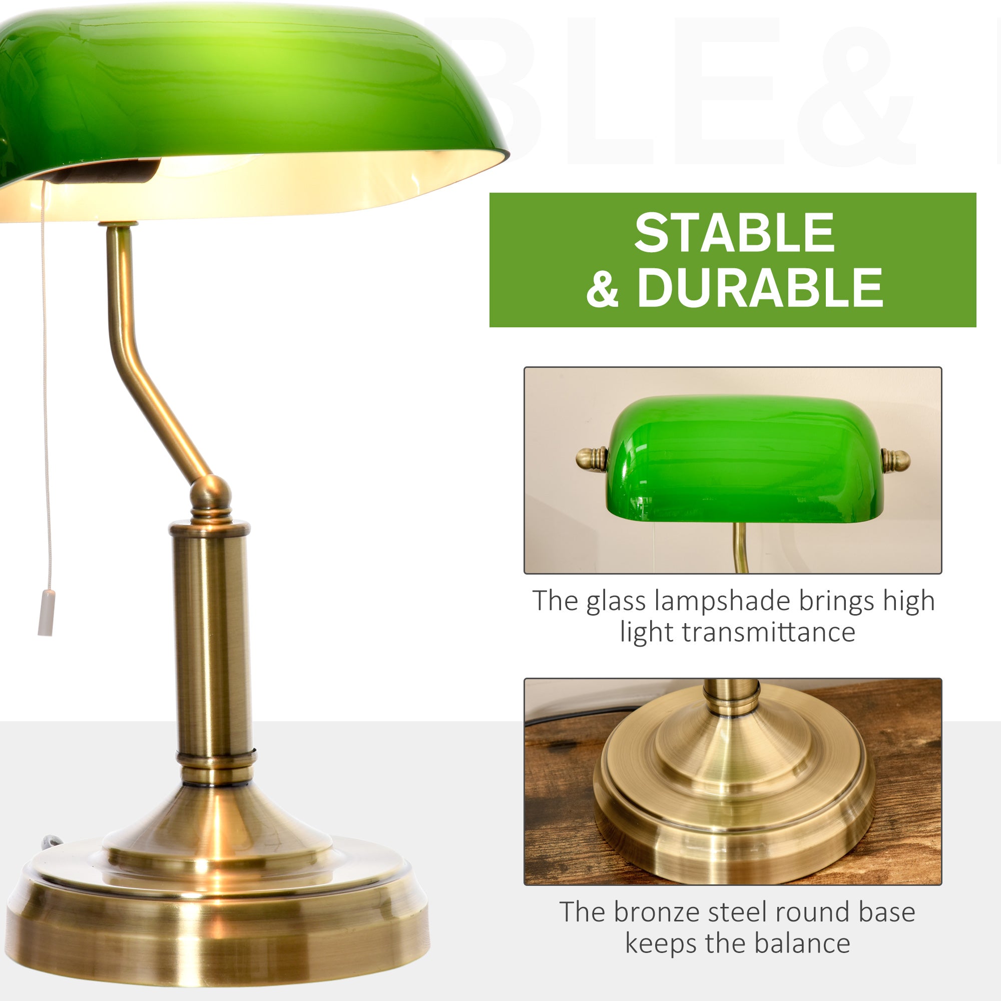Banker's Desk Lamp with Antique Bronze Tone Base, Table Lamp with Green Glass Shade for Home Office, Green