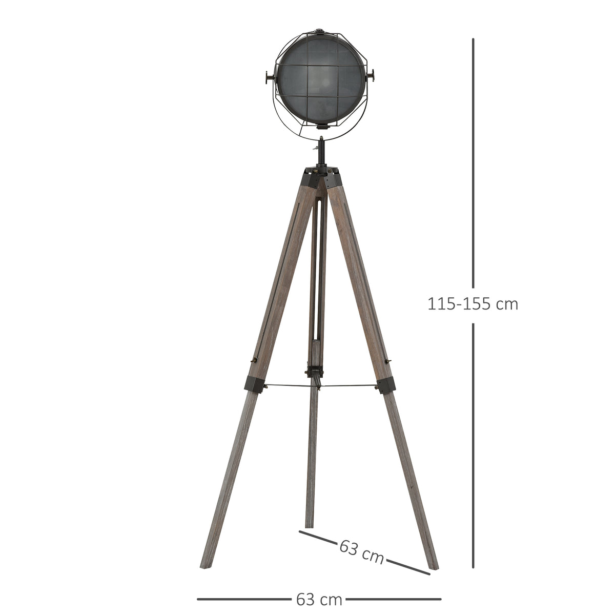 Floor Lamp with Adjustable Tripod for Living Room Bedroom, Vintage Spotlight Reading Lamp with Wood Legs, 115-155cm, Grey