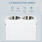 PawHut Raised Dog Bowls, with Storage, Two Stainless Steel Bowls, Elevated Base - White