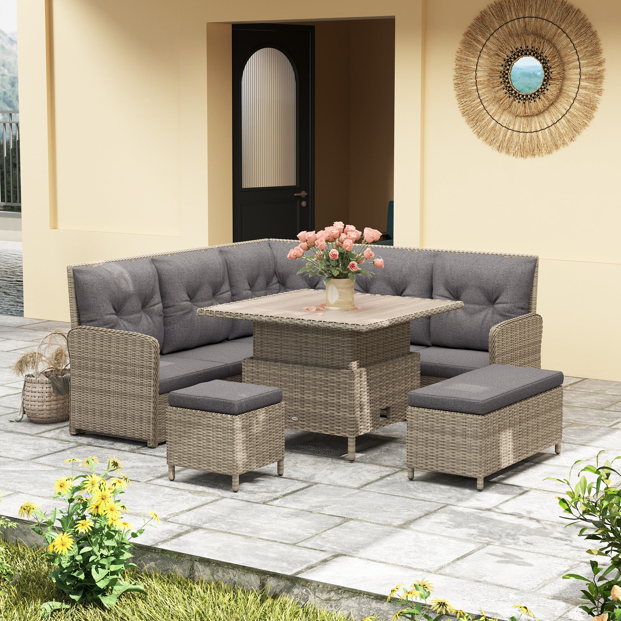 Outsunny 6 Pieces Outdoor PE Rattan Garden Furniture, Patio Wicker Sectional Conversation Corner Sofa with Soft Padded Cushion and Liftable Coffee Table, 123 x 55 x 84 cm, Light Grey