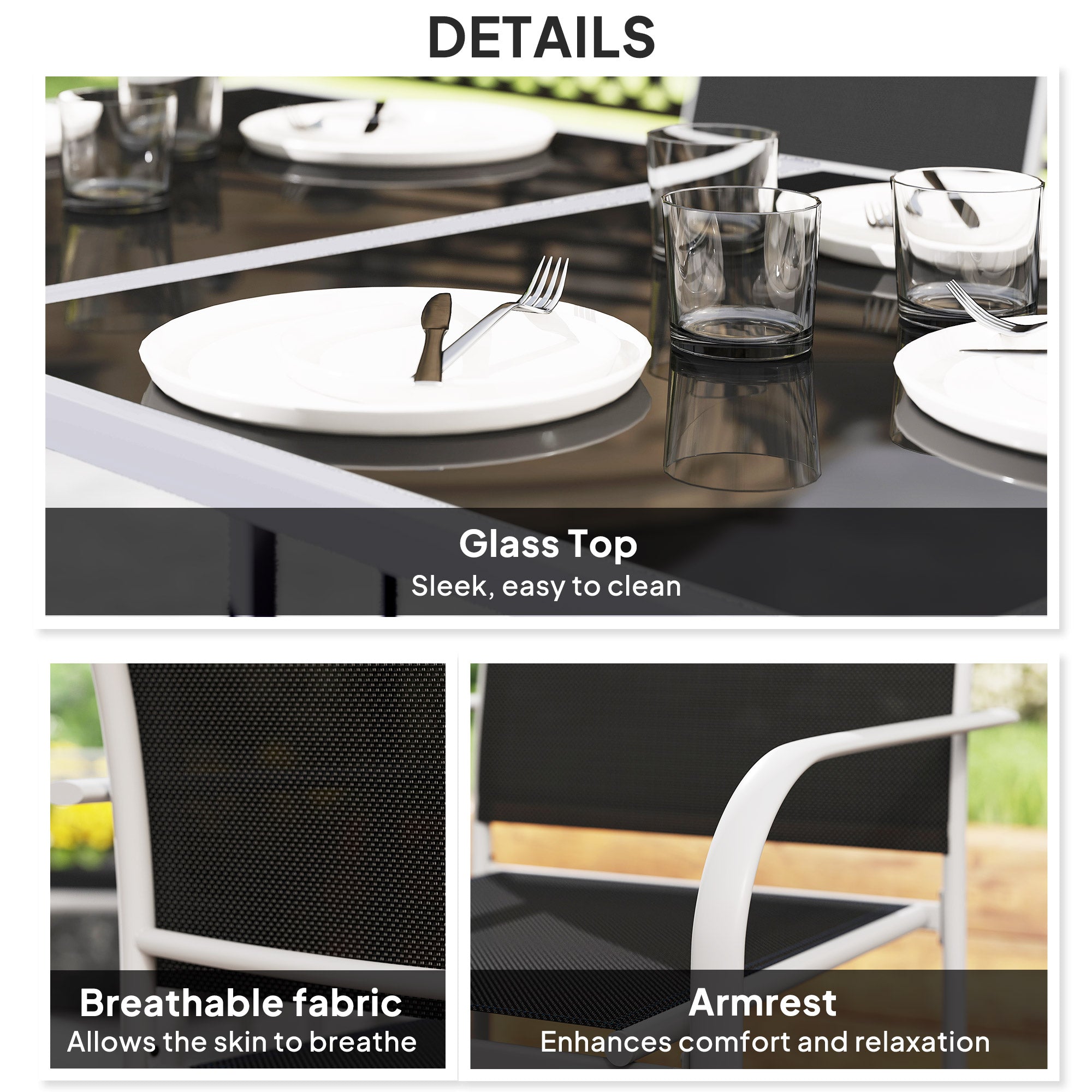 Outsunny 7 Piece Outdoor Garden Dining Set with Table and 6 Stackable Chairs, Steel Frame, Tempered Glass Top, Mesh Seats, Black