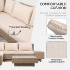 Outsunny 4 Pieces Rattan Garden Furniture Set, Garden Corner Sofa with Side Trays, Wicker Conservatory Furniture Set with Loveseats, Slatted Plastic Top Coffee Table and Cushions, Beige