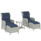Outsunny 5 Piece Garden Furniture Set, Rattan Reclining Garden Chair Set of 2 with Footstool and Cushion for Balcony, Dark Blue