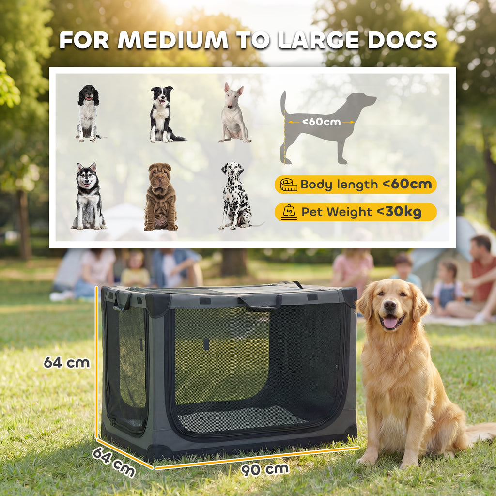 PawHut Soft Dog Crate Pet Travel Crate 90 x 64 x 64 cm with Removable Pad Mesh Window Army Green