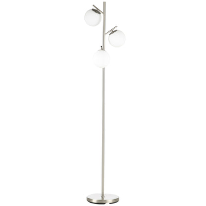 3-Light Tree Floor Lamps for Living Room, Modern Standing Lamp for Bedroom with Globe Lampshade, Steel Base, Bulb not Included, Silver Tone