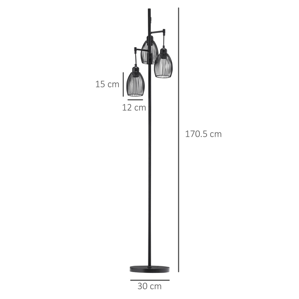 3-Light Floor Lamp, 170cm Industrial Dimmable Standing Lamp with Steel Wire Cage Lampshades for Living Room, Bedroom, Dining Room, Study, Bulb Not Included, Black