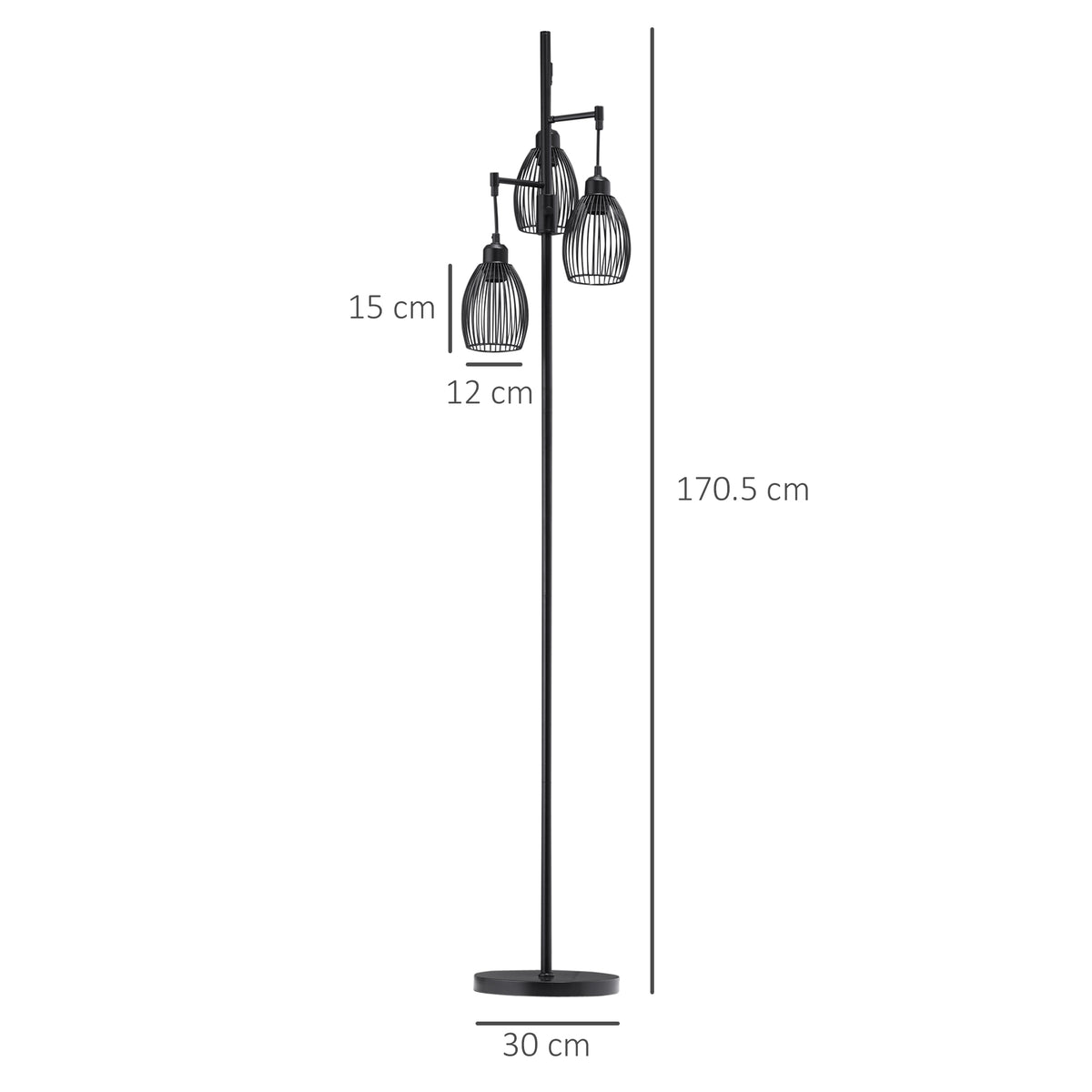 3-Light Floor Lamp, 170cm Industrial Dimmable Standing Lamp with Steel Wire Cage Lampshades for Living Room, Bedroom, Dining Room, Study, Bulb Not Included, Black