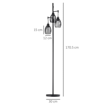 3-Light Floor Lamp, 170cm Industrial Dimmable Standing Lamp with Steel Wire Cage Lampshades for Living Room, Bedroom, Dining Room, Study, Bulb Not Included, Black