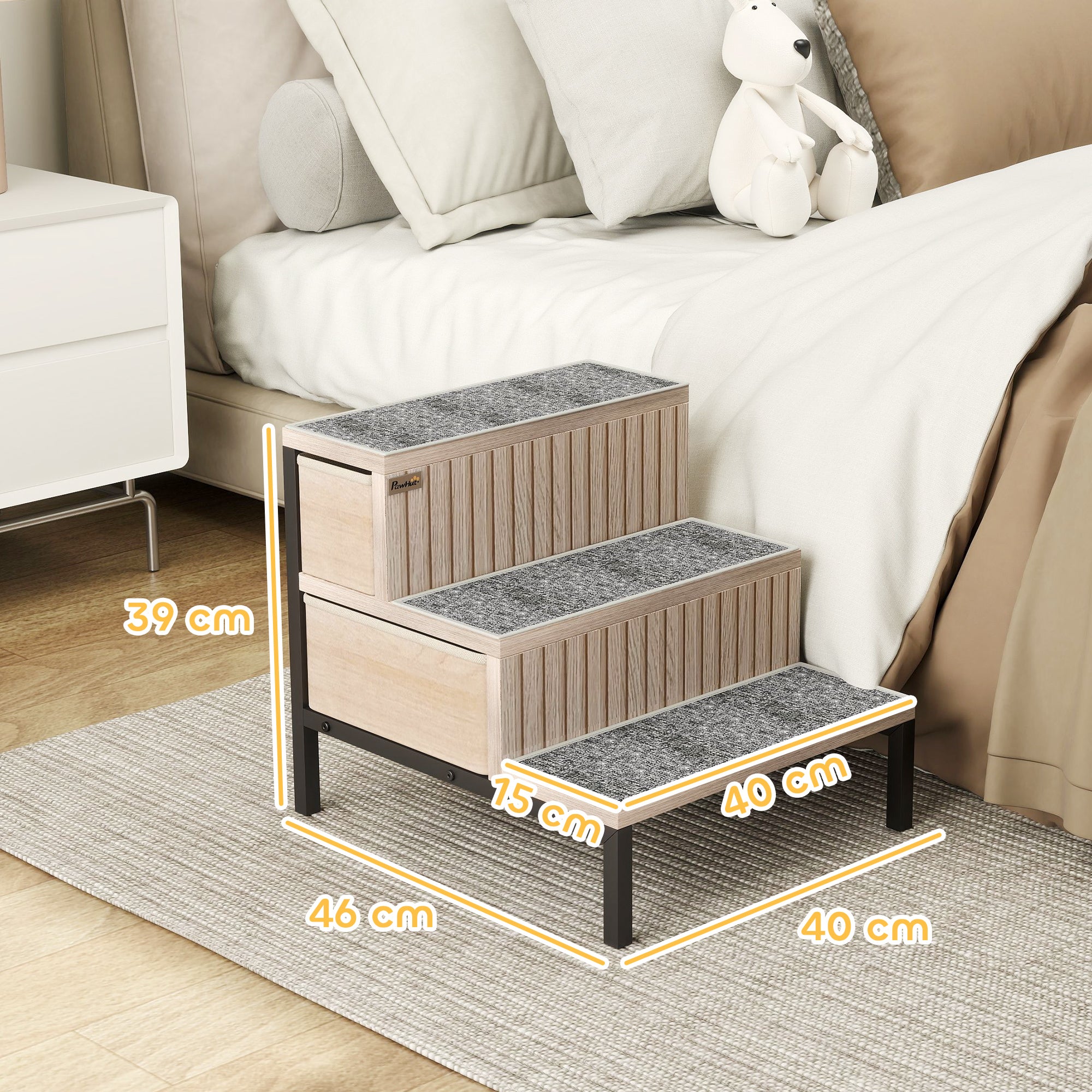 PawHut Dog Stairs with Storage, Non-Slip Cover, Pet Steps for Small Dogs & Older Cats, for Sofa, High Bed, Oak Tone