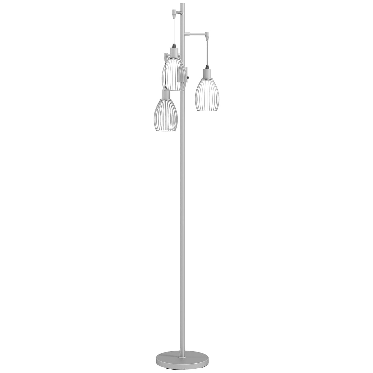 3-Light Floor Lamp, 170cm Industrial Dimmable Standing Lamp with Steel Wire Cage Lampshades for Living Room, Bedroom, Dining Room, Study, Bulb Not Included, Silver Tone