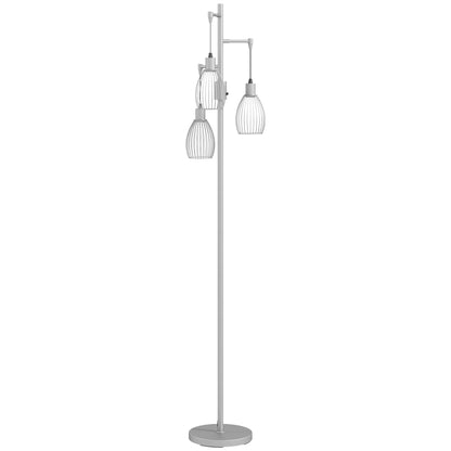 3-Light Floor Lamp, 170cm Industrial Dimmable Standing Lamp with Steel Wire Cage Lampshades for Living Room, Bedroom, Dining Room, Study, Bulb Not Included, Silver Tone