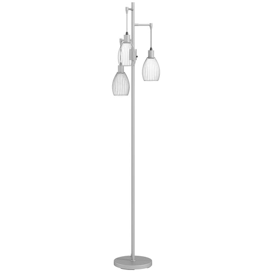 3-Light Floor Lamp, 170cm Industrial Dimmable Standing Lamp with Steel Wire Cage Lampshades for Living Room, Bedroom, Dining Room, Study, Bulb Not Included, Silver Tone