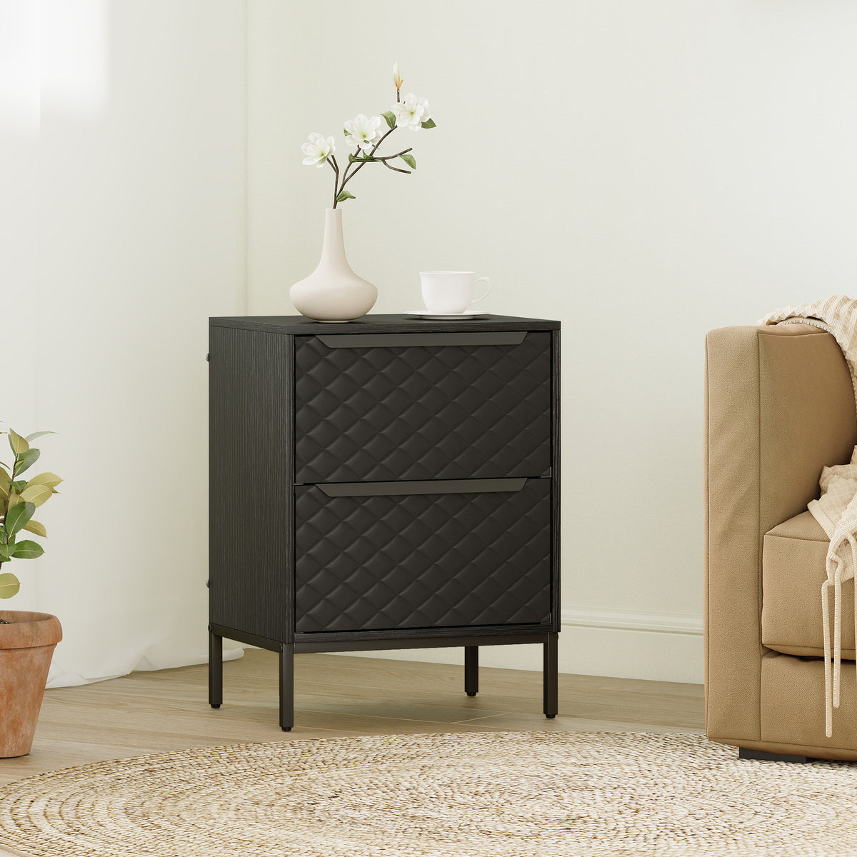 Chest of Drawers, Dresser with 2 Fabric Drawers and Aluminium Handles - Black