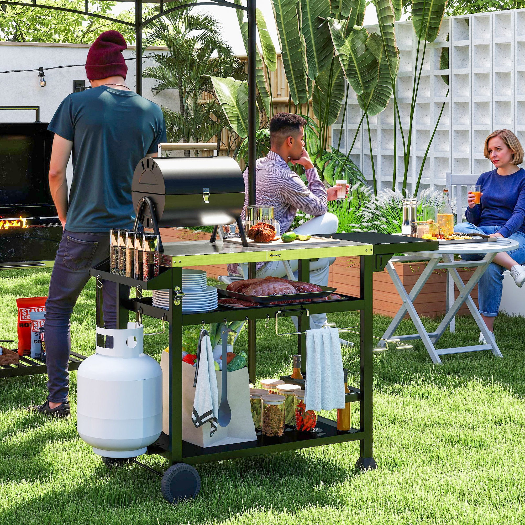 Outsunny Multi-Feature BBQ Grill Table, with Stainless Steel Top - Black