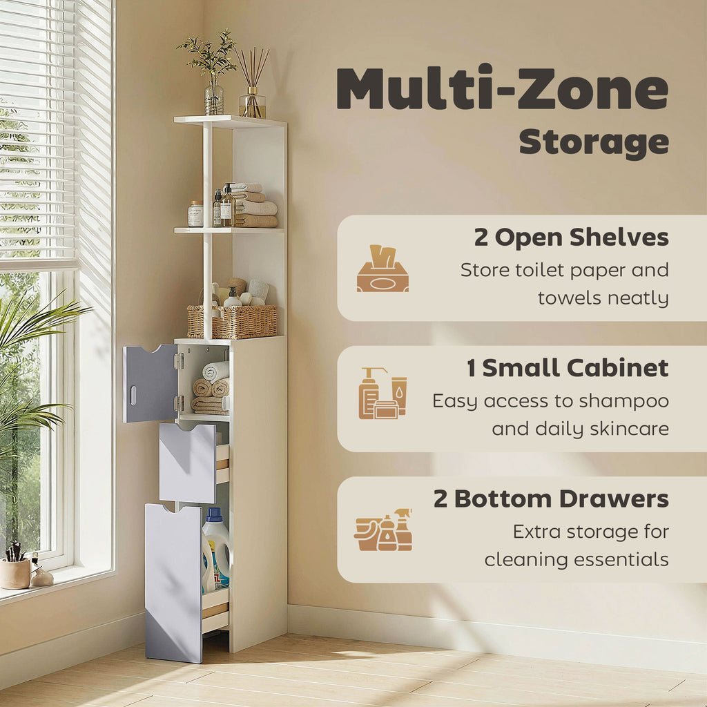 HOMCOM Tall Bathroom Cabinet, Freestanding Slim Bathroom Storage Cabinet with 2-Tier Open Shelf and 2 Drawers for Small Space, Narrow Cupboard Storage Unit, White and Grey