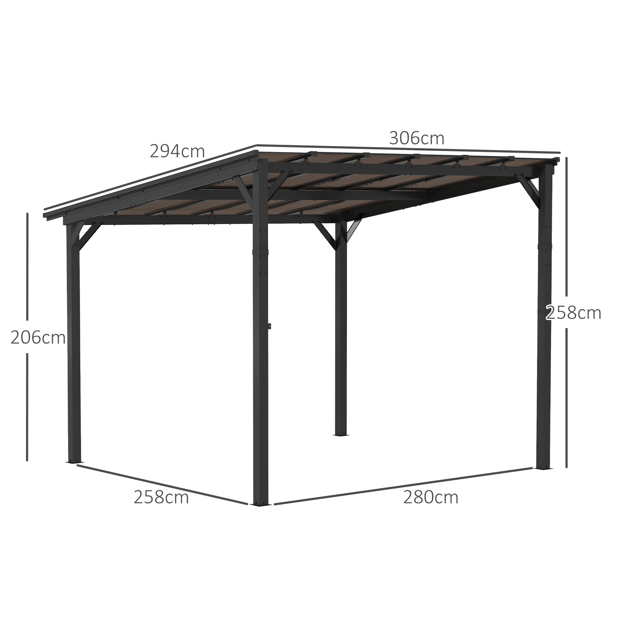 Outsunny 3 x 3 m Lean to Pergola with UPF 50+ Waterproof Polycarbonate Roof, Wall-Mounted or Free Standing Hardtop Roof Garden Metal Pergola Gazebo, Heavy Duty Outdoor Sun Shade, Dark Grey