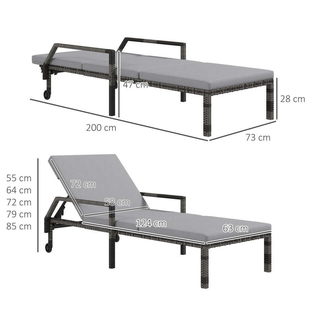 Outsunny Outdoor Sun Lounger, Rattan Wicker Chaise Recliner with 5-Level Adjustable Backrest and 2 Wheels
