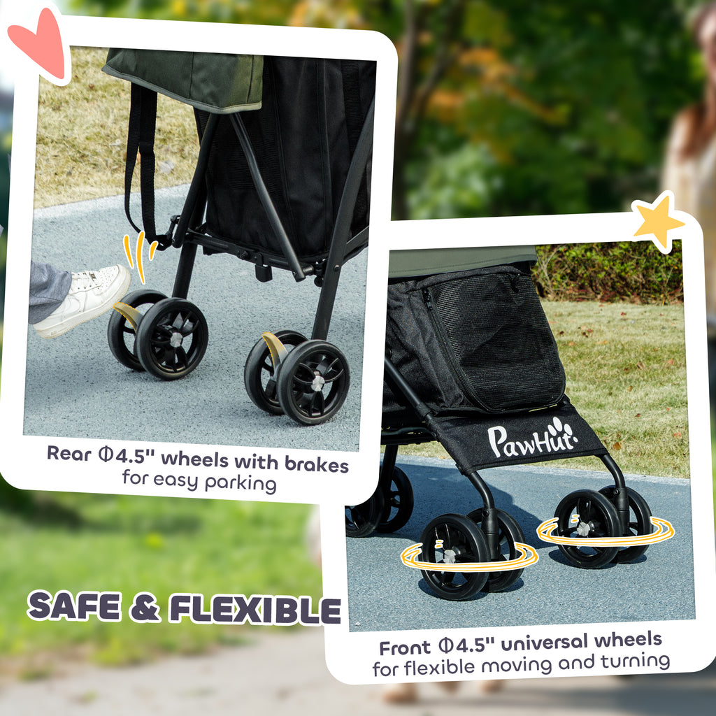 PawHut Foldable Dog Stroller, Lightweight Dog Pram w/ Shoulder Strap, Storage Bag, Cup Holder, Dark Green