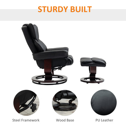 360° Swivel Recliner Chair with Footstool, PU Leather Manual Recliner Armchair with Footstool, Solid Wood Base, Upholstered Reclining Chair for Living Room, Bedroom, Office, Black